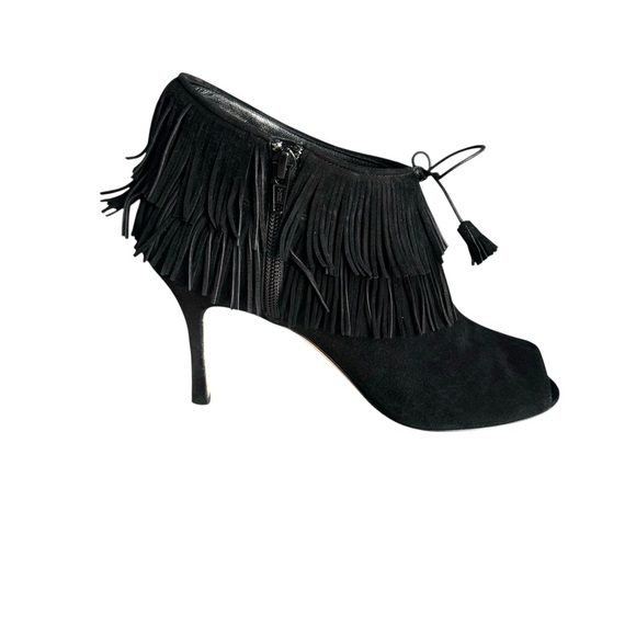 Manolo Blahnik Open Toe Heels Booties Black Suede Fringe - Picture 7 of 12